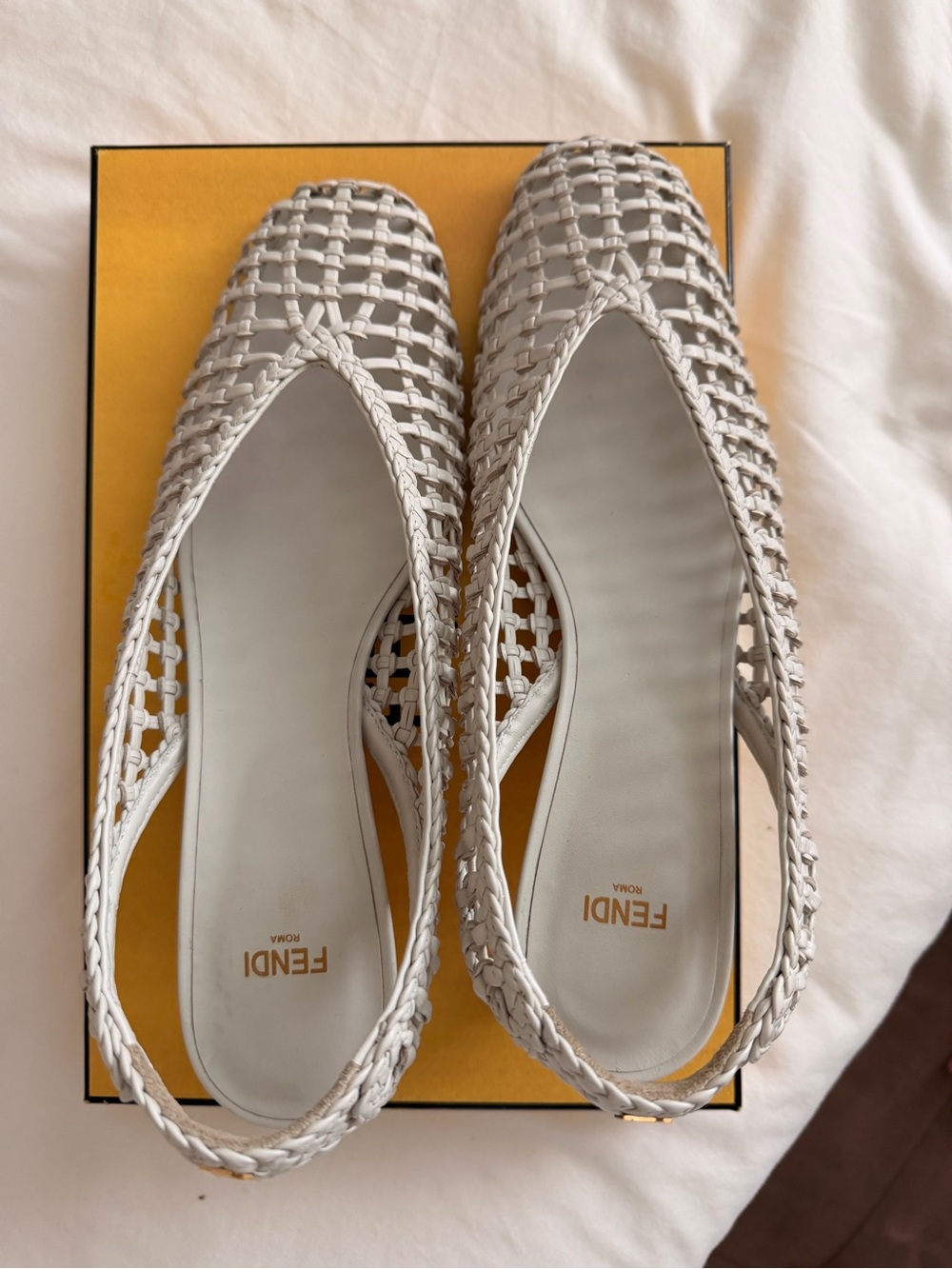 Fendi White Woven Slingback Flats